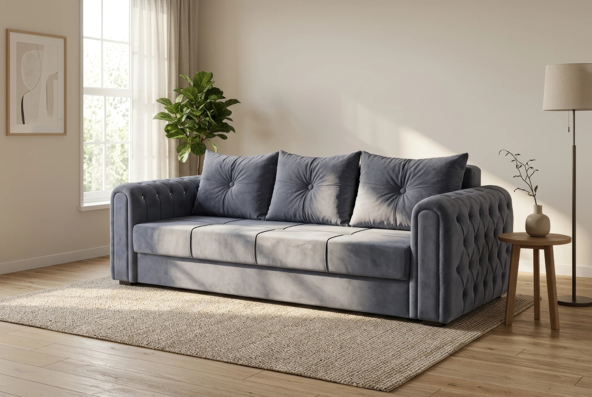 Olympos three-seat sofa in grey in a sunlit living room