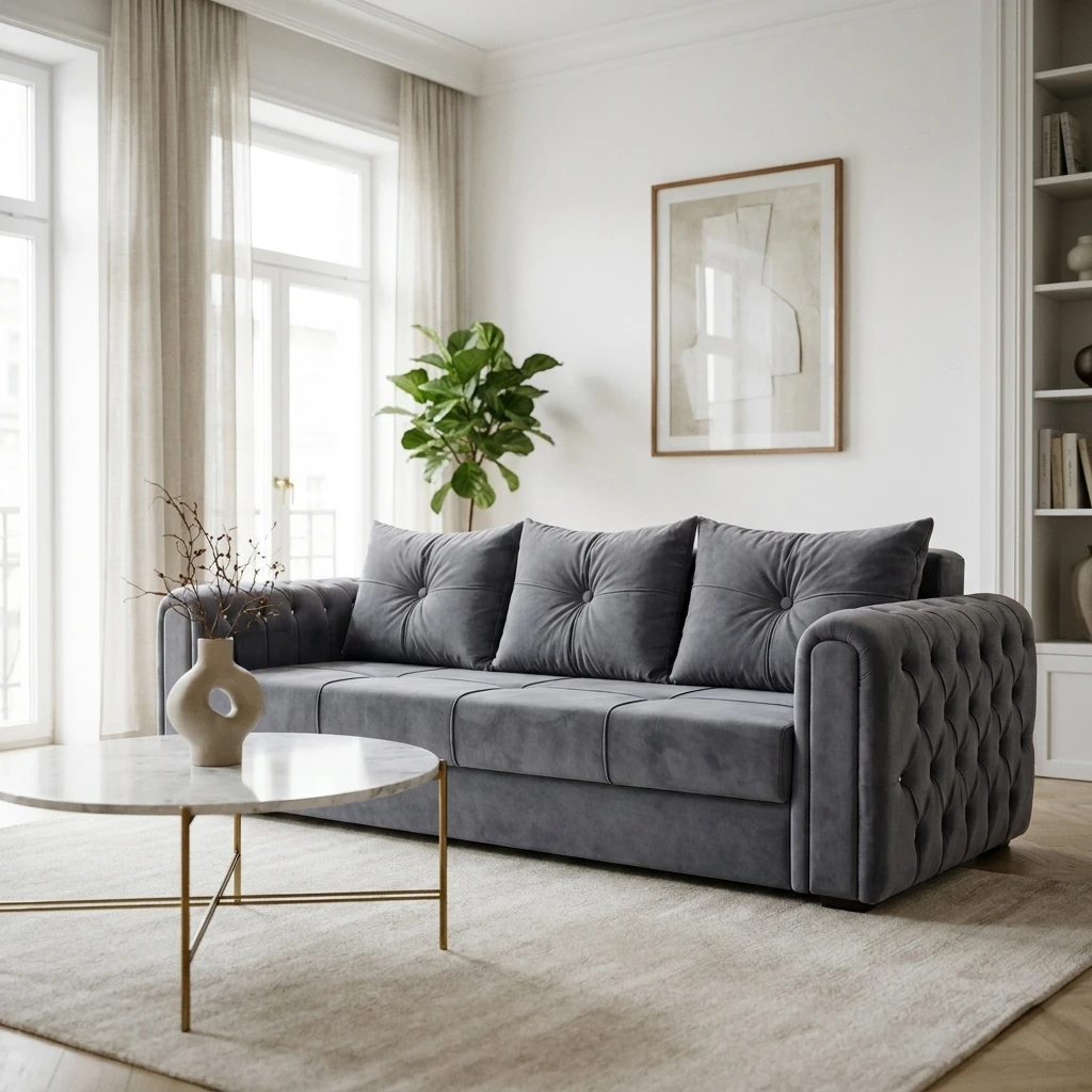 Olympos in a bright white apartment with a marble coffee table