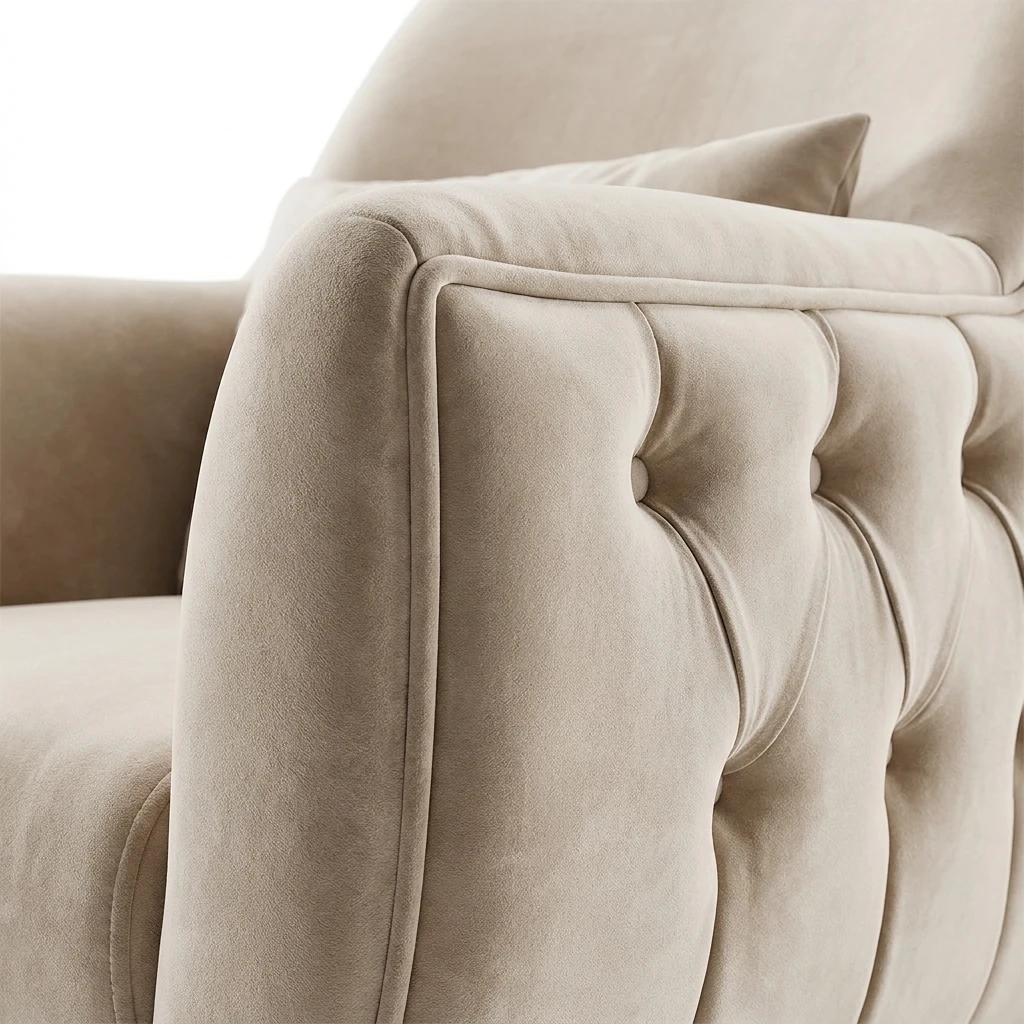 Close-up of the armchair's tufted side