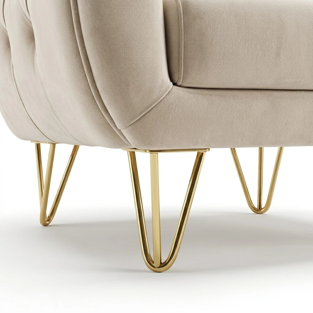 Close-up of the armchair's gold-tone hairpin legs