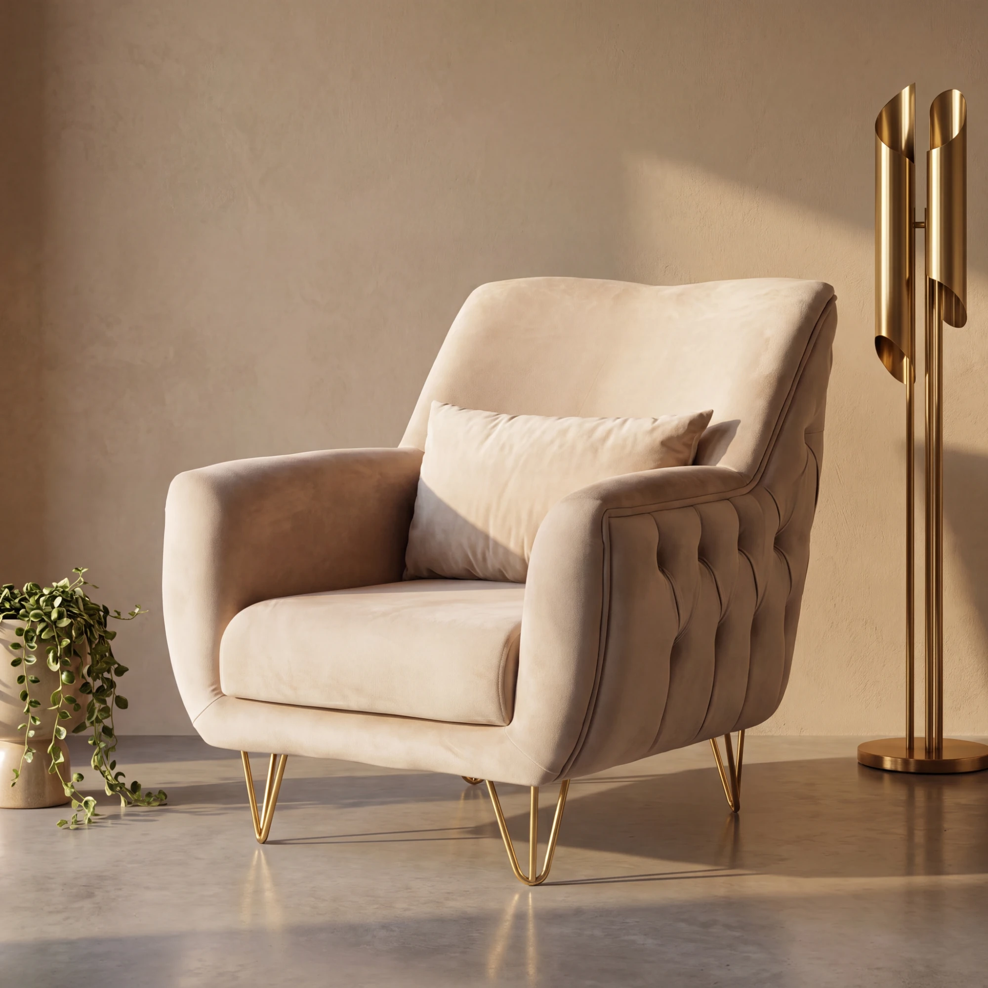 Tufted Royal Armchair in a sunlit room beside a brass floor lamp