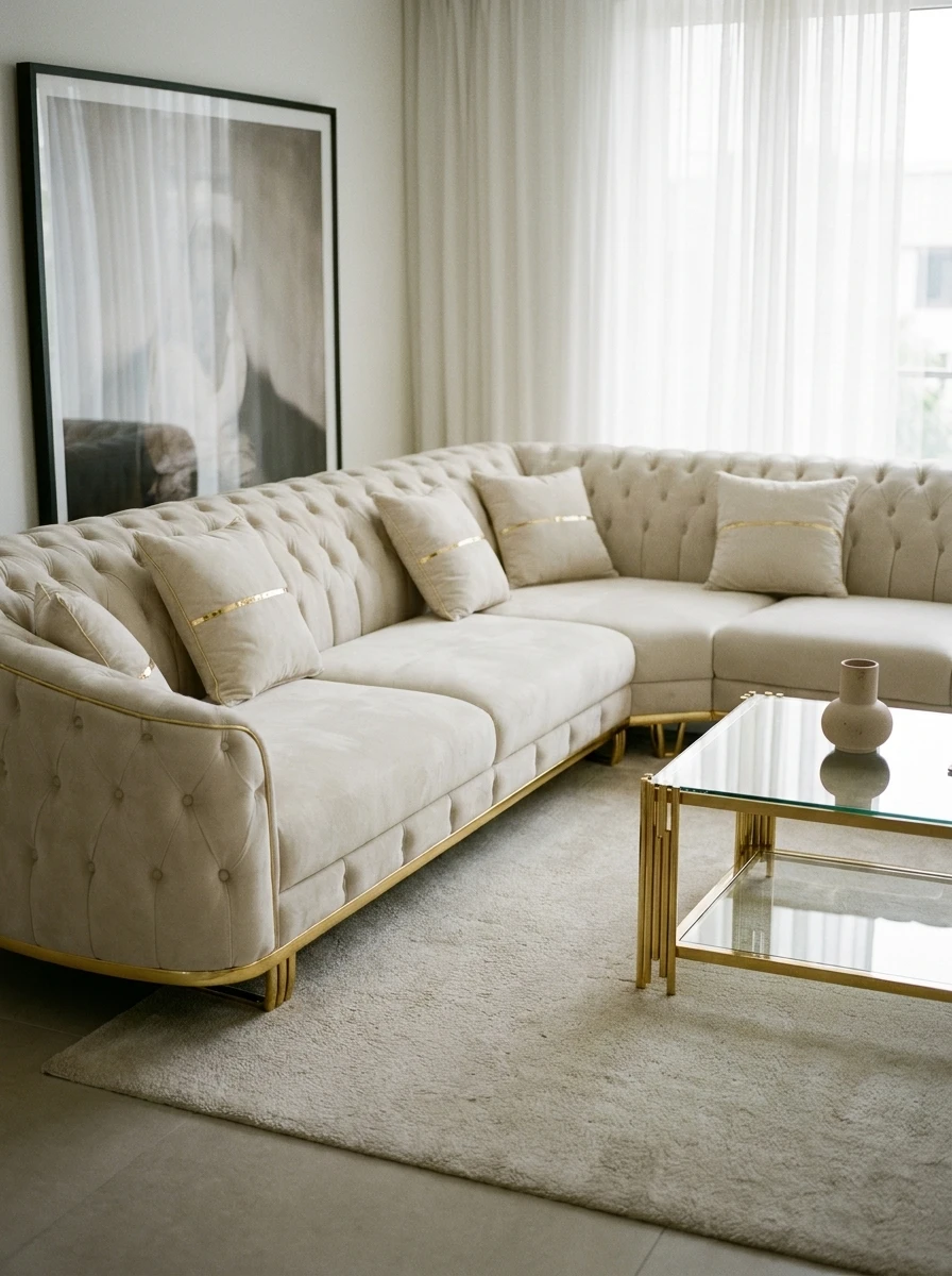 Veloria L in a living room beside a glass and gold coffee table